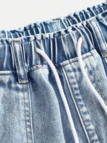 Girlism 少女休闲浅蓝色弹力腰带蝴蝶结装饰牛仔阔腿长短裤，夏季波西米亚风牛仔短裤，夏季波西米亚风海滩音乐会锐舞节，女孩夏季可爱短裤，夏季假期，春季，女孩海滩，度假休闲女孩，情人节，海滩度假，毕业季 - 淺色水洗藍 - 查看 3