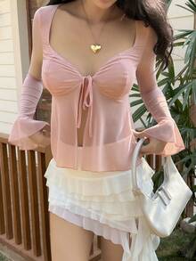 DAZY Spring/Summer Pink Blouse, Casual Vacation Beach Chiffon Crop Top With Front Tie, Fitted Waist, Flare Sleeves, Ruffle Hem, Sheer Lightweight Shirt For Women - Pink - View 7