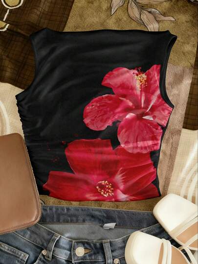 Noixe Top sin mangas con estampado de flor de hibisco y cuello asimétrico, una prenda casual y versátil