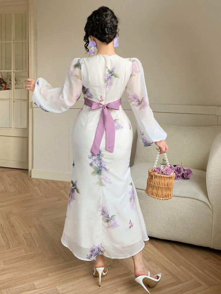 Women's Elegant Floral V-Neck Puff Sleeve Belted Mid-Length Dress, Spring/Summer Wedding Guest Dress Sundress