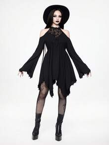 ROMWE Boho Goth Dark Forbidden Forest Snake Dreamcatcher Embroidery Hollow Design Flare Sleeve Asymmetrical Hem Dress - Black - View 9