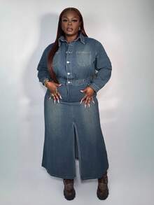 Truni Women's Malaysian Blue Denim Dress Shirt-Style Long-Sleeved Long Dress Autumn And Winter Wear Casual Office Wear For Going Out - Medium Wash - View 3