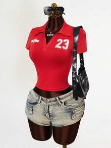 Mistrie 女士字母数字印花休闲百搭日常短袖T恤 - 紅色 - 查看 6