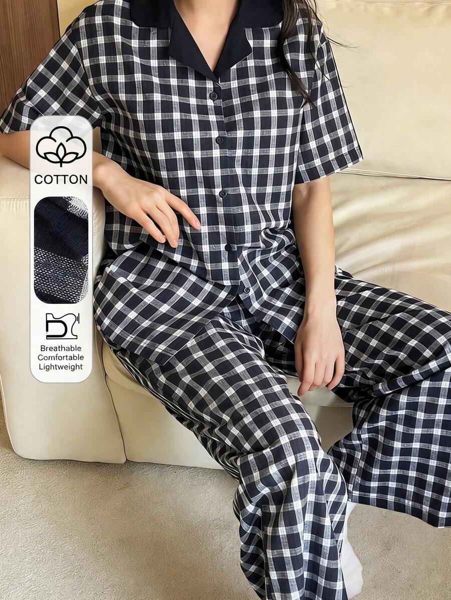 DAZY Plaid Contrast Collar Women Short Sleeve Button-Up Top And Pants Pajama Set - Blue - View 1
