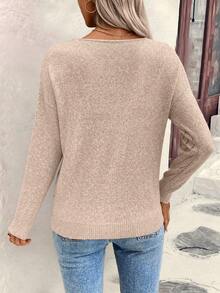 SHEIN LUNE Sweater Wanita Longgar Kasual Berongga Geometris Bertekstur Leher V - Aprikot - View 2