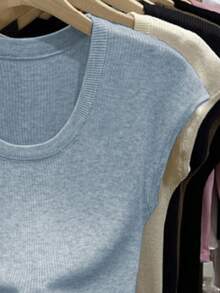 SHEIN 2025春夏新款U领简约百搭短袖针织衫 - 淺藍色 - 查看 4