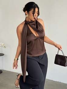 Firerie 大码女式优雅浪漫度假休闲不对称镂空无袖修身背心，适合毕业典礼、秋冬季、生日派对、婚礼宾客、聚会等场合。 - 棕色 - 查看 4