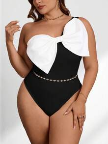 Firerie Plus Size Women's Colorblock Bow Decor Bodysuit, Fashionable & Versatile For Date & Outing - Black and White - View 8