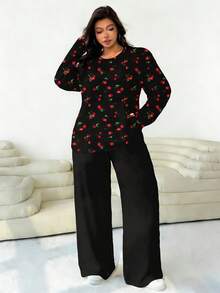 Solflare 2pcs Plus Size Women Casual Cherry Print Loose Fit Round Neck T-Shirt And Straight Leg Pants Set, Black, Spring Outfit - Multicolor - View 4