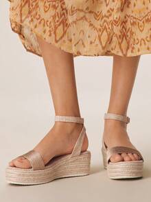 女士厚底坡跟凉鞋，时尚纯色编织休闲厚底坡跟凉鞋，波西米亚复古帆布踝带坡跟凉鞋，西部风格，音乐节派对装扮，度假穿搭，旅行必备 - 香檳色2 - 查看 2