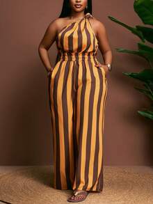 Slaydiva 春夏音乐节/万圣节服装、复活节、西部风、游牧风、生日派对、毕业典礼、学生装、日常休闲、百搭基础款、休闲、邮轮旅行、海滩、日光浴、潮流单品、商务休闲、单肩、扭结、露肩、露背、短款上衣和直筒宽松裤、荷叶边、口袋、纹理面料、大码两件套 - 棕色条纹、夏季服装 - 棕色 - 查看 8