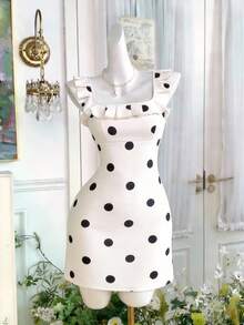 SHEIN MOD 女士波点荷叶边拼接时尚约会派对迷你连衣裙 - 杏色 - 查看 4