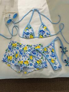 Costavie Swim Mod 热销新品优雅波西米亚复古风三合一比基尼套装，性感可爱泳装，活力蓝白撞色，柠檬和玛瑙瓷砖印花，三角挂脖上衣，性感丁字裤，高腰平角短裤，可变换多种穿搭方式，Y2K 辣妹风，完美适用于夏季海滩度假、泳池派对、日光浴、游泳、音乐节以及打造时尚摩登度假氛围。 - 彩色 - 查看 6