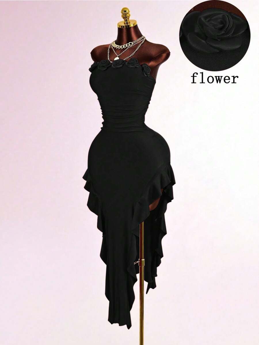 Mistrie Women's Elegant Floral Decor Asymmetrical Ruffle Hem Fitted Tube Dress, Summer - Black - View 1
