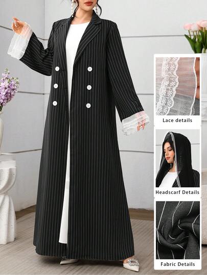 Al Najma Black & White Striped Flare Sleeve Lace Trim Lapel Double-Breasted Long Coat With Chiffon Scarf, Autumn/Winter Abayas