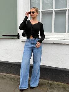 Bethéva Women's Lace Frill Trim Fitted Cardigan Long Sleeve Top - Black - View 1