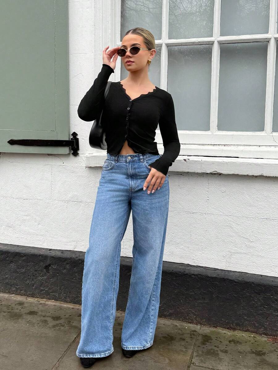 Bethéva Women's Lace Frill Trim Fitted Cardigan Long Sleeve Top - Black - View 1