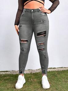 SHEIN ICON Plus Size Women Casual Everyday Wear Distressed Pocket Button Design Denim Jeans - Dark Grey - View 1