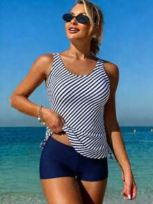 Swim Lushoire Women's Blue & White Striped Drawstring Waist Casual Beach Vacation Top And Solid High Waist Shorts Tankini Bikini Set, Summer - Blue and White - View 6