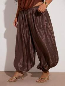 SHEIN BAE 大码女式纯色口袋休闲百搭日常灯笼裤，灯笼裤，咖啡棕色波西米亚风大码女装，大地色系女装，大码下装 - 棕色 - 查看 7