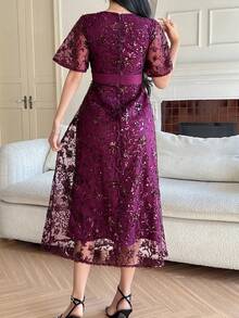DAZY Elegantes Damen Kleid mit V-Ausschnitt und Pailletten in Knielänge, Sommerkleid für Hochzeitsgäste - Heißes Pink - Übersicht 2