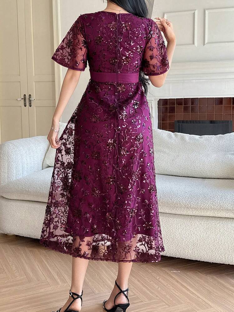 Women's Elegant Sequin V-Neck Mid-Length Dress, Summer Wedding Guest Dress Sundress