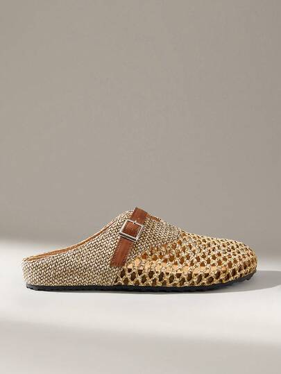 Solecia Women's Woven Strap Sandals, Round Toe Design, Slip-On Backless, Comfortable Minimalist Style, Suitable For Vacation, Commute, Casual, Dating, Afternoon Tea, Brown Flat Shoes, Spring/Summer