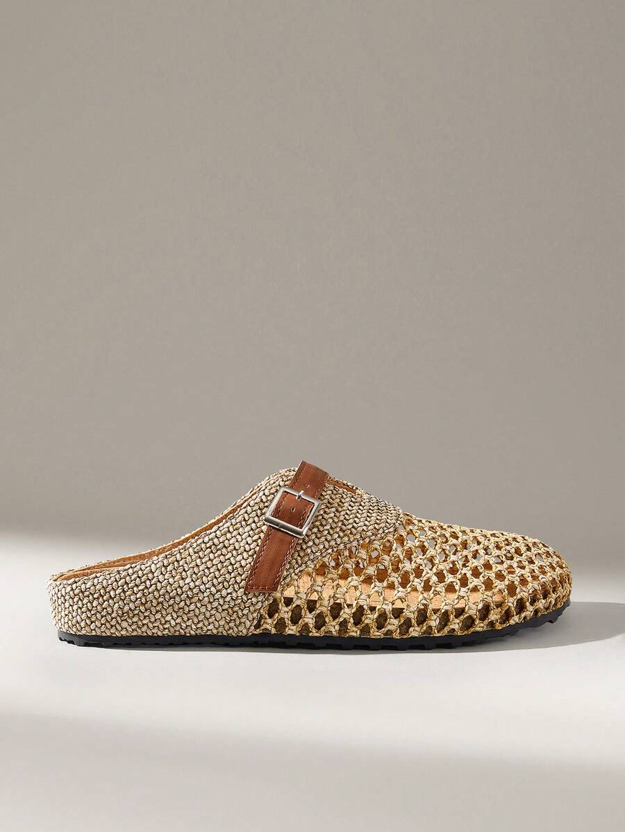 Solecia Giày sandal quai ngang dệt cho nữ, mũi tròn, kiểu xỏ chân không gót, phong cách tối giản thoải mái, phù hợp cho kỳ nghỉ, đi làm, dạo phố, hẹn hò, trà chiều, giày bệt màu nâu, mùa xuân/hè. - màu nâu - Xem 1