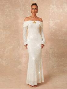 Lumalex 女士亮片露肩美人鱼连衣裙 - 米色 - 查看 5