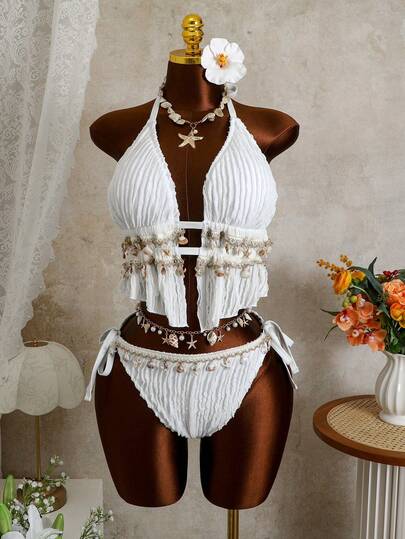 Zestiva 2026新款加大码女式两件套白色针织提花挂脖比基尼，侧边系带三角泳裤