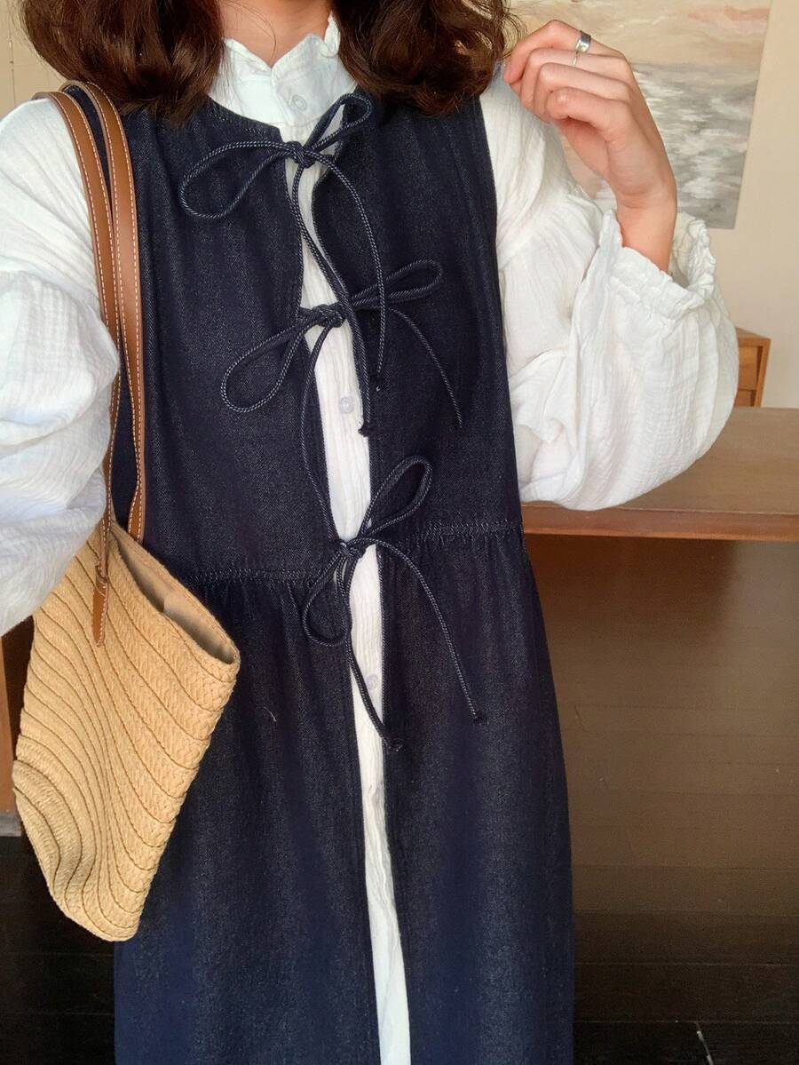 FRIFUL Women's Casual Tie-Up Sleeveless Denim Dress - Blue - View 1