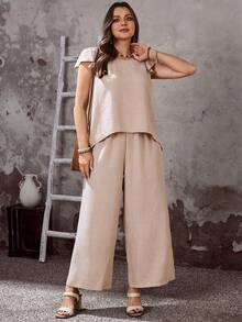 EMERY ROSE Conjunto de 2 piezas de talla grande para mujer con top de manga corta y pantalones con diseño de encaje y bolsillos, ideal para vacaciones en primavera temprana - Albaricoque - Ver 3
