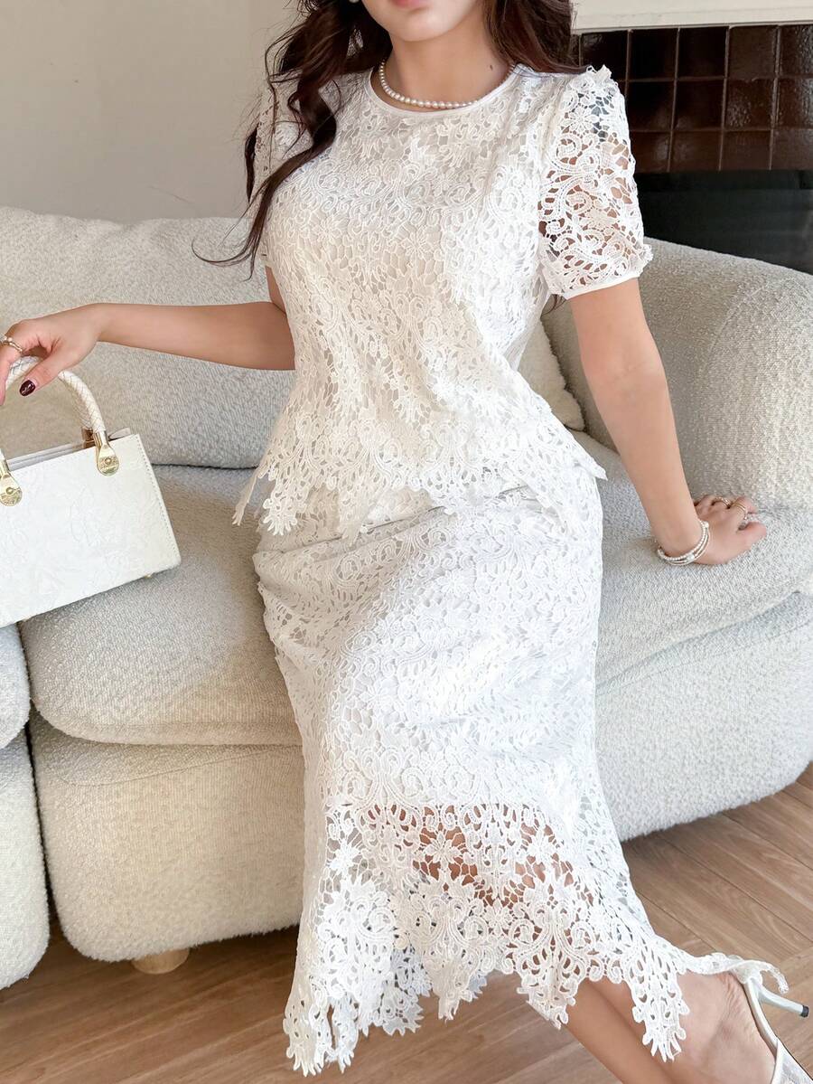 DAZY 女士优雅蕾丝圆领泡泡袖上衣和半裙两件套，春夏款 - 米色 - 查看 1