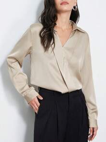 Aveloria Modichic Fashionable Minimalist Versatile Commuting Satin Design V-Neck Overlapping Wide Hem Collar Long Sleeve Shirt - Champagne - View 5