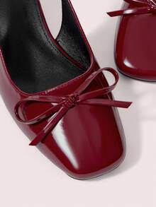 CUCCOO DOLLMOD Women's New Bow Backless Patent Leather Square Toe Chunky High Heel Pumps, Elegant & Fashionable, Wine Red Valentine's Day - Burgundy - View 7