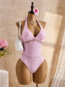 Bellisia Bộ đồ bơi đi biển mùa xuân/hè 26SS dành cho nữ, thanh lịch, lãng mạn, họa tiết hoa, phong cách boho bohemian, dây đeo vai mảnh có nơ thắt hình vỏ sò, cúp ngực rời, dây spaghetti và nơ cài cổ, thích hợp cho kỳ nghỉ biển. - Hồng - Xem 3