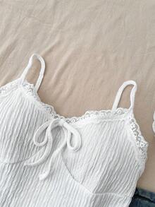 SHEIN Białe, dzianinowe, teksturowane topy z koronką i kokardą dla nastolatek, do noszenia warstwowego lub samodzielnie, na powrót do szkoły, na wakacje, na co dzień - Biały - Zobacz 3