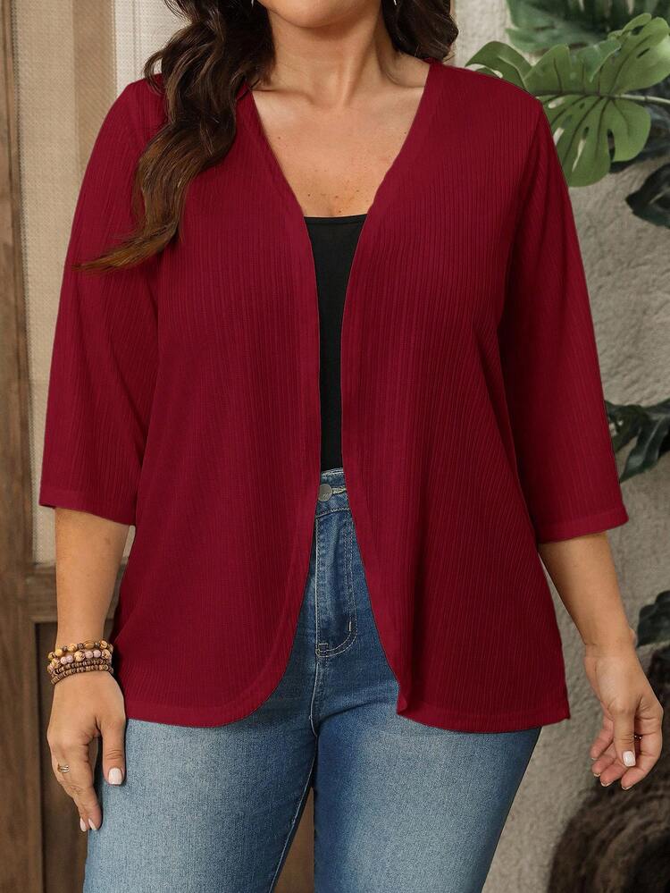 プラスサイズ レディース 七分袖 ホワイト ジャカード テクスチャー カーディガン ビーチバケーション ジャケット レディース春夏アウトフィット