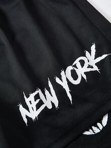 SHEIN Bolty 1 件装青少年男童图案抽绳腰网眼短裤，适合上学、春季穿着、青少年男童服装、青少年男童外套、春季返校季 - 黑色 - 查看 6