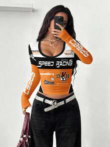 Coolane 女款 Y2K 街頭風 V 領 Bustier T恤球衣 Y2k 賽車風上衣 賽車運動短版上衣 機車風 - 彩色 - 查看 6