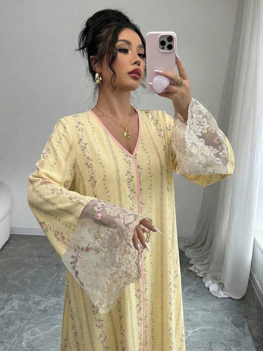 Yasmyna Vestido árabe de manga larga holgado con puño tejido y estampado para mujer - Amarillo - Ver 1