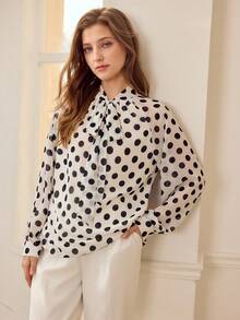 MOTF PREMIUM POLKA DOT WOMEN'S TIE NECK BLOUSE, ECONOMICAL & FASHIONABLE - Black and White - View 2