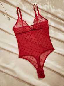 Charlaine Bodystocking transparente con forma de corazón de estilo romántico francés con entrepierna abierta - Burdeos - Ver 3