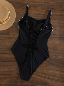 Shapewave Women's Cute Leopard Print Color Block One Piece Swimsuit,Black Tummy Control Slim Fit Body Shaping Swimwear For Summer Holiday Beach Party - Black - View 5
