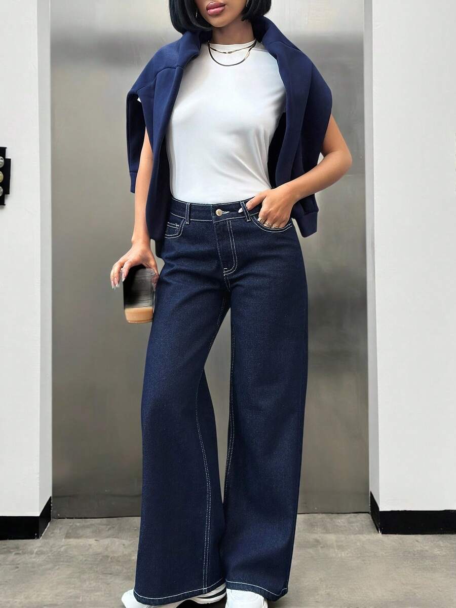 SHEIN PETITE PETITE LOW WAIST DARK WASH STRAIGHT JEAN - Dark Wash - View 1