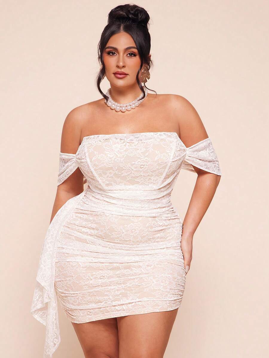 SHEIN BAE Đầm ren xương cá lệch vai ôm sát thanh lịch dành cho phụ nữ cỡ lớn - trắng - Xem 1