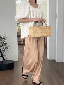 DAZY 法式优雅衬衫，甜美青春设计，小众镂空蕾丝娃娃领短袖女式衬衫，夏季款 - 米色 - 查看 5