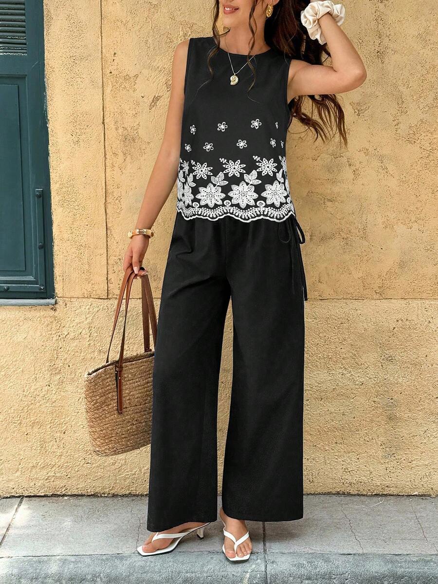 Serisse Women's Floral Embroidery Vest And Pants 2 Pieces Casual Vacation Set - Black - View 1