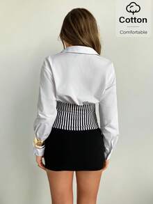 Siren Gaze Women's White Collared Long Sleeve Blouse,Black And White Striped Corset Waist Design Chic Top For Autumn Brunch, Comfortable Holiday Top Elegant - Multicolor - View 3