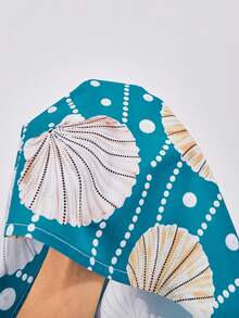 Vestido de estilo medio oriental para niña preadolescente, vestido de manga larga con estampado retro digital de perlas y conchas, adecuado para ir al trabajo, salidas y uso diario - Azul - Ver 4
